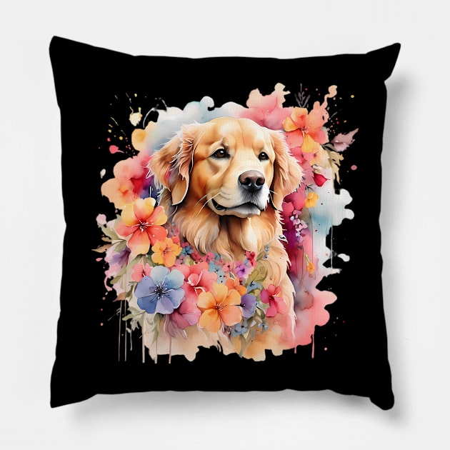 A golden retriever decorated with beautiful watercolor flowers Pillow by CreativeSparkzz