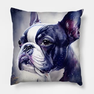 Adorable Boston Terrier Dog  Watercolor with Purple Ink Accents Pillow