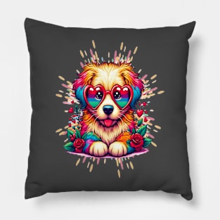 Rainbow Cute Dog Wearing Glasses Heart Puppy Love Dog Funny Pillow