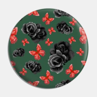 Red Butterflies and Black Roses w/ dark green background Pin