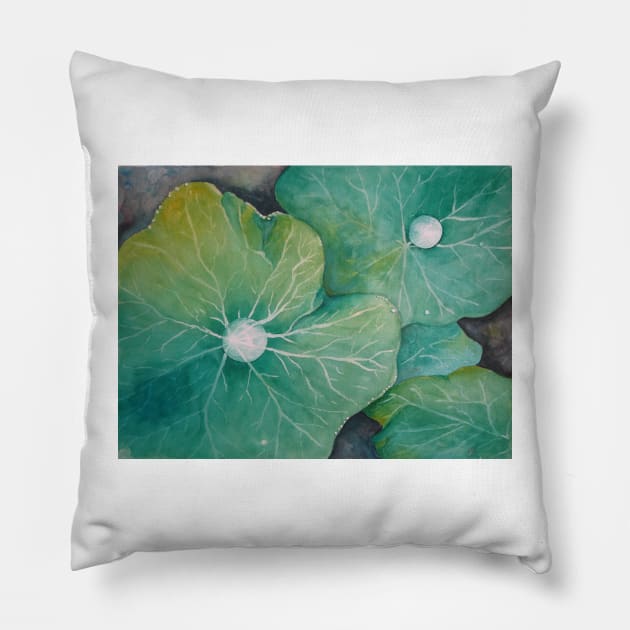 In Rosemary's Garden - Nasturtium Leaf with Dew Drops Pillow by Heatherian