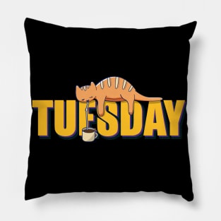 Funny Cat Drinking Coffee on Tuesday Pillow