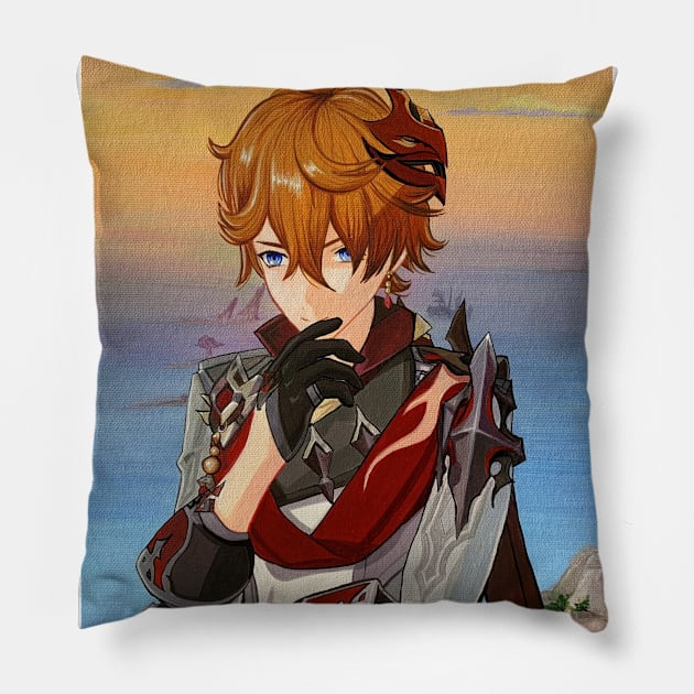 Childe in Liyue Harbor Pillow by Sandra Warmerdam