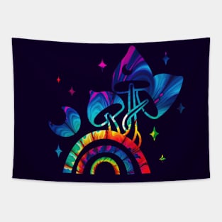 Three Magic Mushrooms on a Rainbow Tapestry