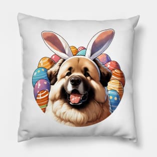 Caucasian Shepherd Dog with Bunny Ears Enjoys Easter Pillow