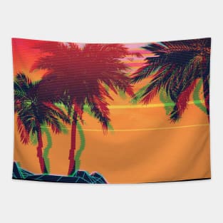 Vaporwave landscape with rocks and palms Tapestry