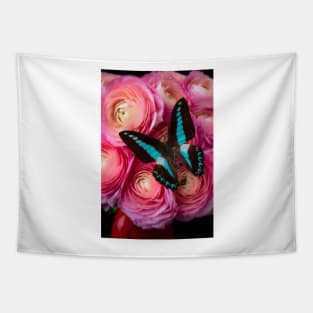 Blue Butterfly On Pink Ranunculus Tapestry