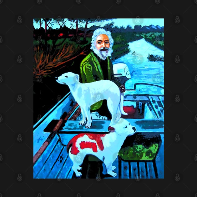 old man on boat with dogs by oryan80