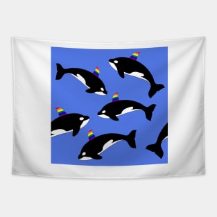 Gay pride rainbow orca killer whale. Seamless pattern on blue water background. Tapestry