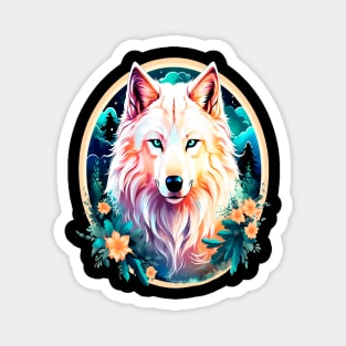 A White Wolf with Mountains, Floral Elements, Forests, Trees Magnet