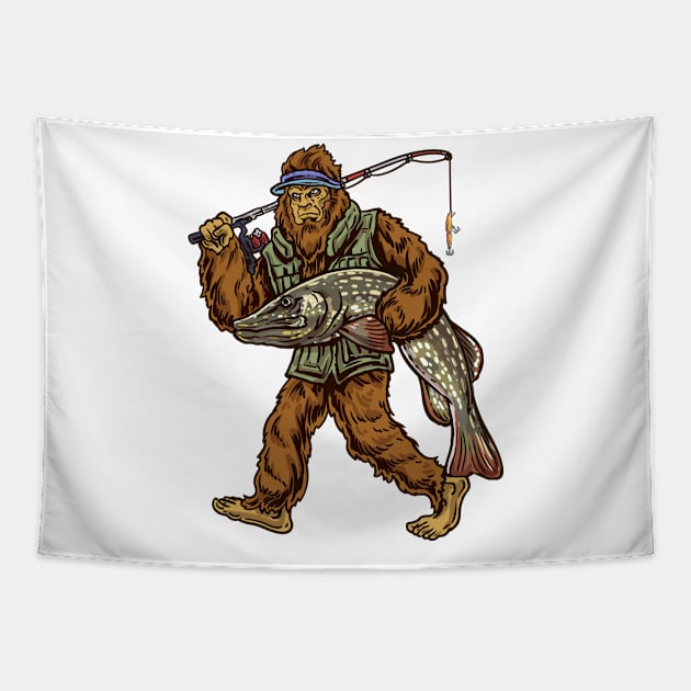 Pike Fishing Bigfoot Fisherman Tapestry by NORTHERN OUTDOORS