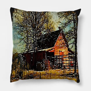 watercolor landscape Autumn western country farmhouse red barn Pillow