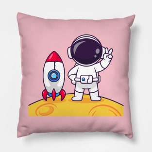 Cute Astronaut Peace On Moon With Rocket Cartoon Pillow