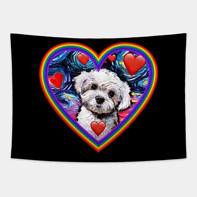 Maltipoo in a rainbow heart Tapestry by sagittariusgallery