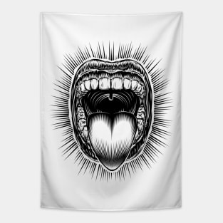 Mouth Open Tongue Scream Vintage Ink Hand Drawing Monochrome Tapestry