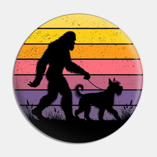 Bigfoot Sasquatch Walking Berger Picard Dog Vintage Sunset Hiking Pin