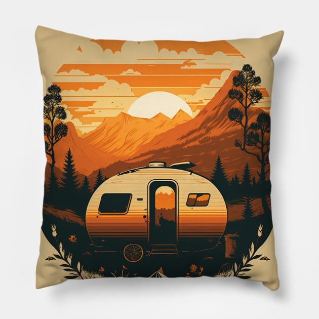 Camping Adventure Sunset, Camping Van Pillow by dukito