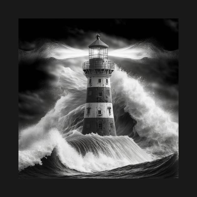 Life in Black and White, Lighthouse Waves by AICreateWorlds