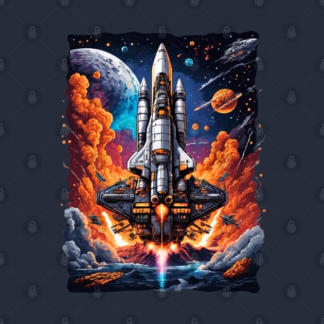 Launching Space battleship, space ship adventures retro vintage design by Neon City Bazaar