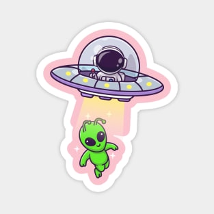 Cute Astronaut Catching Alien With Ufo Cartoon Magnet