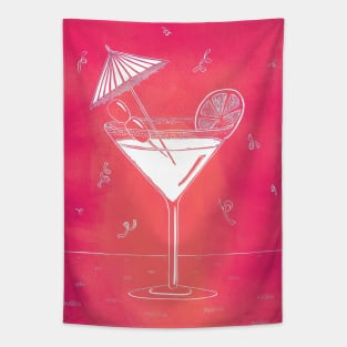 Pink Fizz Cocktail with Umbrella Linocut Tapestry