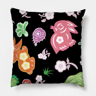 Playful bunnies with cherry blossom,  radish and cabbage seamless repeat pattern Pillow