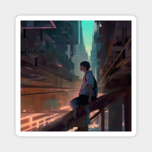 lost boy in a cyber cityscape Magnet