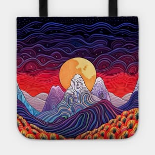 Psychedelic Magical Mountains and Moon Illustration Tote