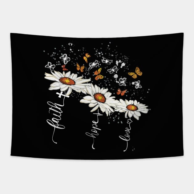 Faith hope love daisy flowers white print Tapestry by Sheila’s Studio