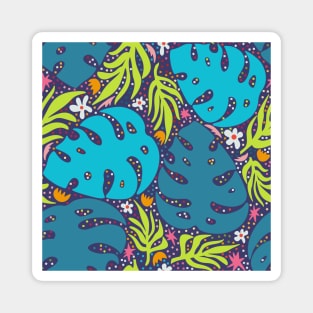 Jungle leaves and flowers abstract repeat pattern on purple Magnet