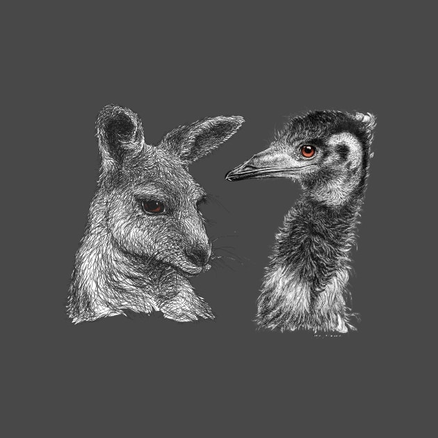 Australian Kangaroo and Emu Drawing Design - Australiana by nadyawildlife