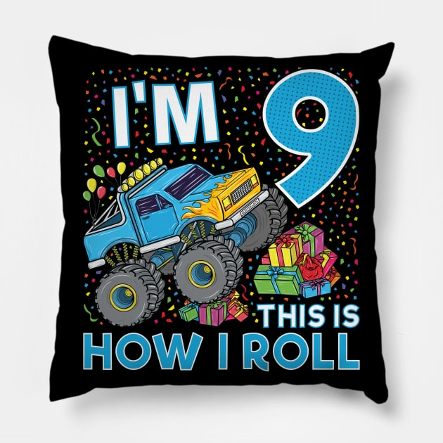 9th Birthday Monster Truck Party Gift 9 Year Old Boy Pillow by silentsoularts