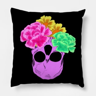 Bright Neon Purple Upside Down Skull Wit Neon Pink Neon Green and Yellow Flowers Pillow