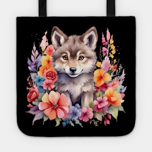 A baby wolf decorated with beautiful watercolor flowers Tote