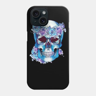 floral crown and skull, Human anatomy, bones, blue roses and chrysanthemums Phone Case