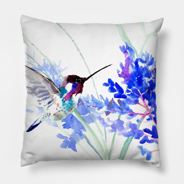 Flying Hummingbird anf Blue Flowers Pillow by surenart