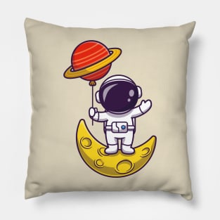 Cute Astronaut Standing On Moon And Holding Planet  Balloon Cartoon Pillow