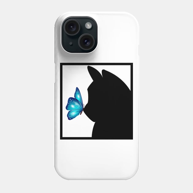 Blue Butterfly sitting on nose of Black Cat Phone Case by Blue Butterfly Designs 