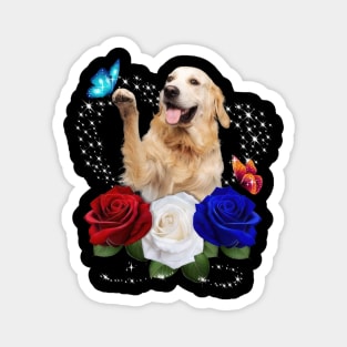 Golden Retriever Butterfly Red Blue White Rose Independence Day Magnet