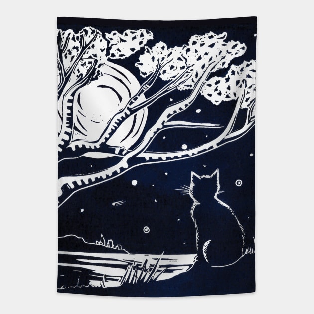 Cat and Moon Tapestry by Maddybennettart