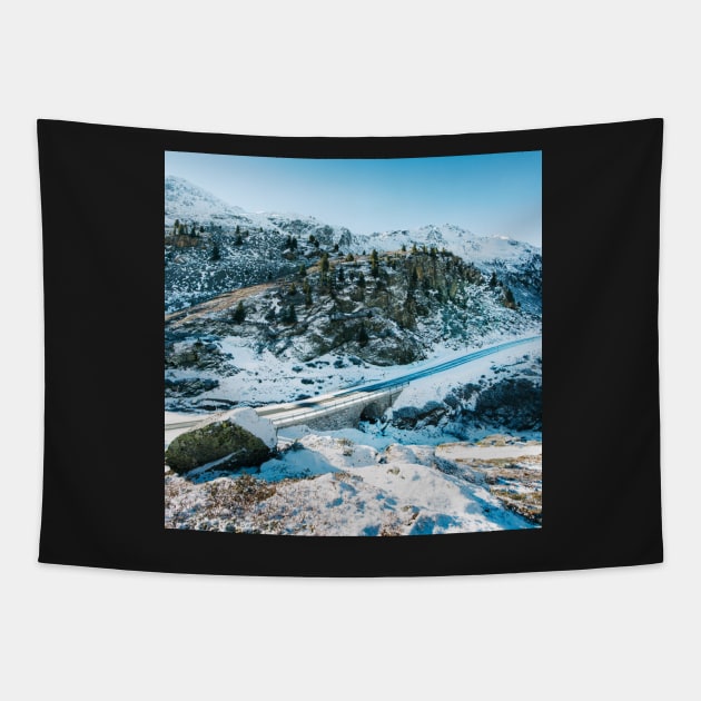 Swiss Alps - Road Through Swiss Alpine Mountains on Sunny Winter Day Tapestry by visualspectrum