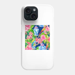 Macaw parrots and chinoiserie jars on navy blue Phone Case