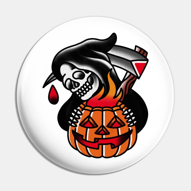 Traditional Reaper with Pumpking Tattoo Piece Pin by radquoteshirts