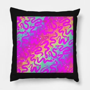 Silly Pink Worms on a String Snakes on Rainbow Background Pillow