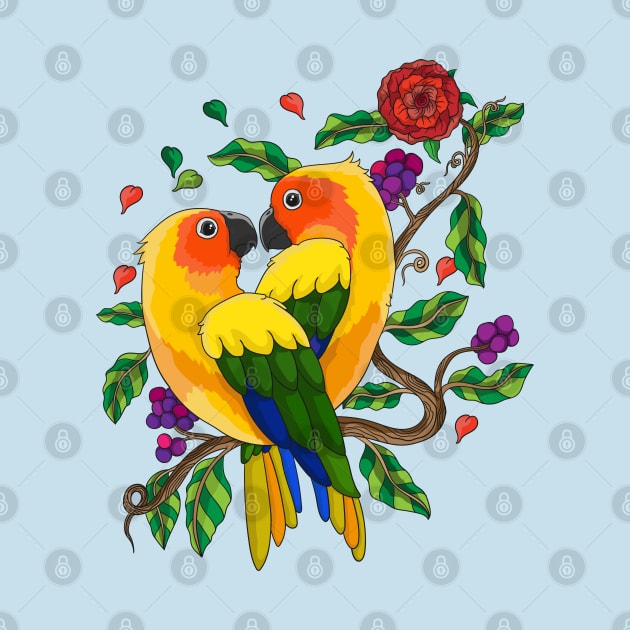 Perched parrot valentine hand drawn by Mako Design 