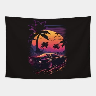 Retro Car in Synthwave Style Tapestry