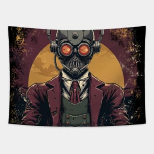 Vintage Illustration - Stylish Skeleton Robot Against the Yellow Moon, a Retro Design with a Horror Twist. Tapestry