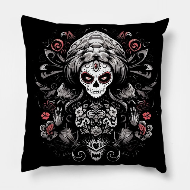 Spirited Fusion Black Widow Sugar Skull Pillow by MuseOfMilo