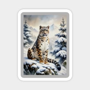 A Proud Snow Leopard Went Hunting, in the Snowy forest, Hight Mountains, Snow Falling, Winter Landscape, Wildlife White Panthera, Watercolor Realistic Illustration, Art, Portrait, Poster, Shirt, Christmas Holiday, Birthday gifts, Hunting lover Magnet