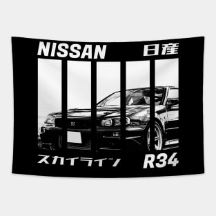 NISSAN SKYLINE GT-R R34 Black 'N White 3 (Black Version) Tapestry